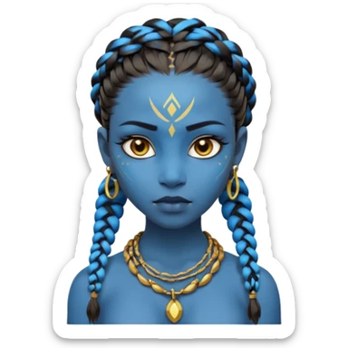 Create an icon of a Na’vi-inspired female character with glowing blue skin, braided hair, tribal forehead markings, large expressive eyes, gold earrings, and a rope necklace with a golden pendant. The expression should be calm and serious, matching the style of the movie Avatar sticker