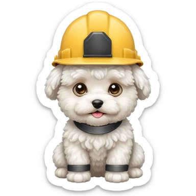 white maltipoo wearing a hard hat sticker