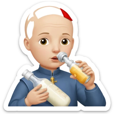 Un homme avec une calvitie cheveux ras boit un biberon  avec Jeanne d’arc dans le biberon  sticker