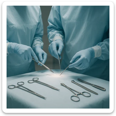 surgery medical operation scene, clean and professional, focus on surgical tools and hands, no gore, suitable for healthcare context sticker