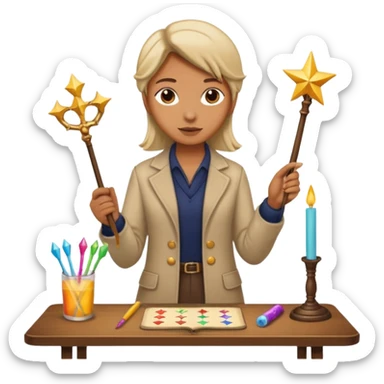 The Magician tarot card emoji inspired by Rider Waite Smith deck, figure holding wand, table with symbols, concise and colorful sticker