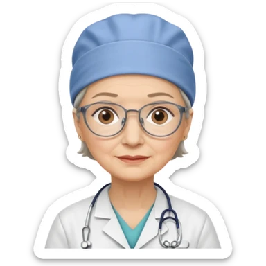 older woman doctor with scrub cap no smile sticker