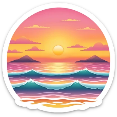 Sunset over a calm ocean with soft waves and a clear sky." sticker