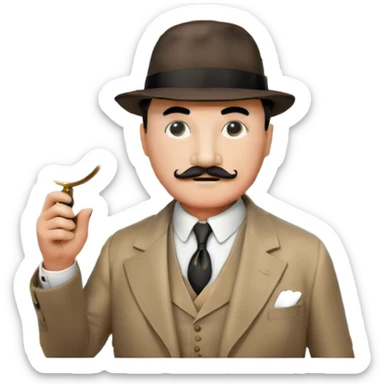 A cinematic-style frame showing Hercule Poirot in his iconic suit with a magnifying glass in a dramatic detective pose. Background should be mysterious city, map, a board with photos of suspects, clues like fingerprints. Transparent background. sticker