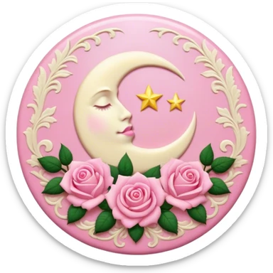 A round pink button with a cream colored damask moon and pink roses in the center sticker