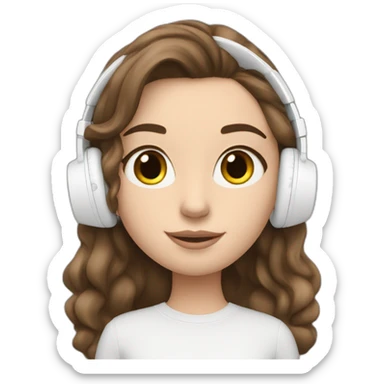 brunette white girl with long hair listening to music with her phone in her hand with white AirPods  sticker