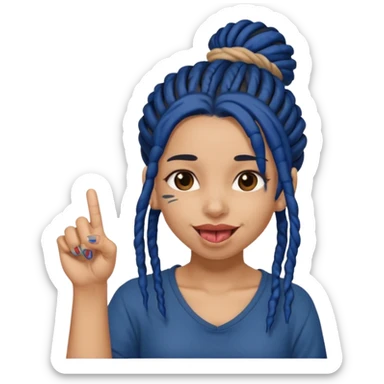 light brown girl with dark blue dreads in a bun with tongue out giving middle finger sticker