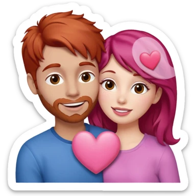 mujer pelirroja y hombre con pelo café haciendo cara de beso pero con un corazón entremedio sticker