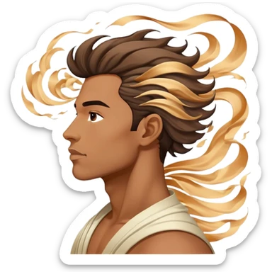 Male profile surrounded by floating fashion elements and energy waves, creative style essence, masculine vibe sticker