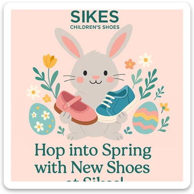 Easter-themed Instagram post for Sikes Children's Shoes with pastel background, logo at top, Easter bunny holding children's shoes, colorful Easter eggs and spring flowers, headline: 'Hop into Spring with New Shoes at Sikes!'. Include uploaded logo. sticker