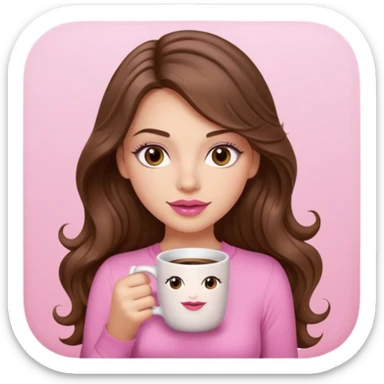 girl with long wavy brown hair, brown eyes, long lashes, pink lips, light to medium complexion, pink sexy top, with a coffee mug sticker