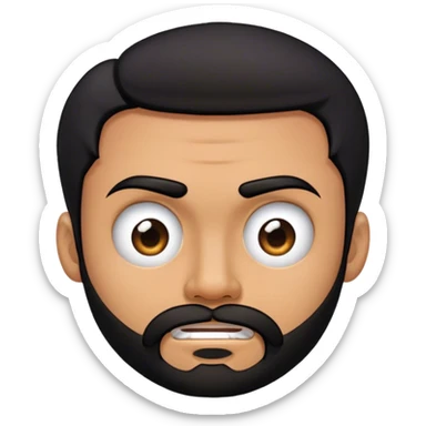 Distorted cartoon face after punch, stretched cheeks, trimmed beard, medium-length black hair, short sides, hair forward, transparent background. sticker