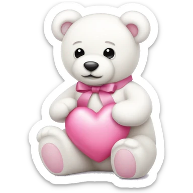 White teddy bear holding pink heart ribbon sticker