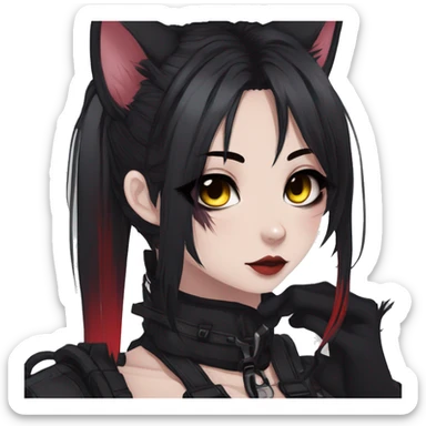 Gorgeous gothic dark techwear anime style anthro cat furry with blushing face aesthetic and pretty edgy black red punk messy ponytail hair with collar and harness trending style sticker