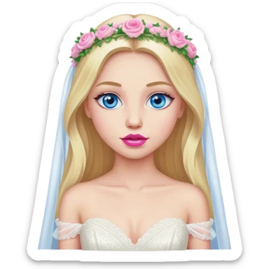 Cinematic realistic blonde with long hair, blue eyes and pink lips in a wedding dress sticker