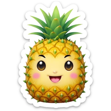 Cute Kawaii Pineapple, tiny and round, bright golden yellow with a spiky green top, chubby cheeks, playful winking expression, soft pastel textures, sweet and tropical vibes! sticker