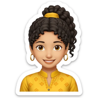black curly-haired fair Indian girl, ponytail, yellow kurti, smiling sticker