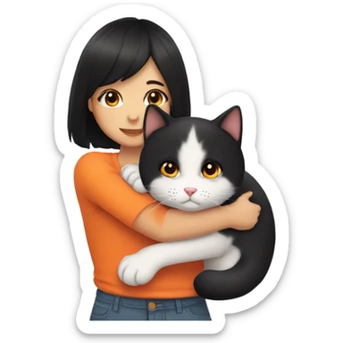 girl with black hair hugging a Orange and white cat sticker
