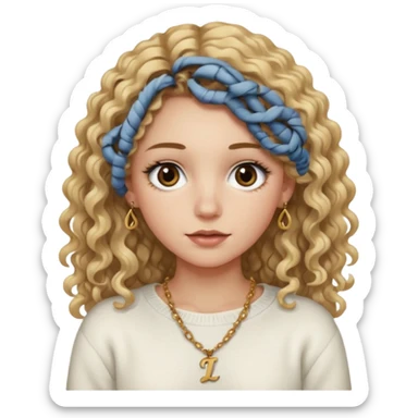 a dirty blonde girl with brown eyes and make her wearing a white sweater and a smallnecklace with I intial with really long curly hair and white skin color, long hair and really big lashes sticker