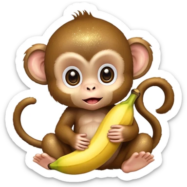 extremely adorable kawaii baby monkey with huge sparkly eyes peeling a banana sticker