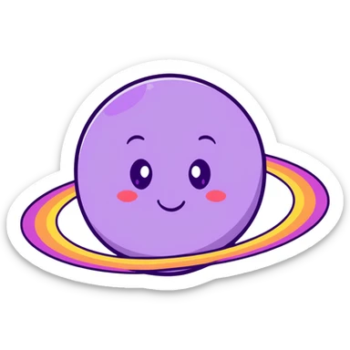purple planet with colorful rainbow rings and a cute happy face with rosy cheeks sticker