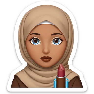 Turkish beautiful finish Konya girl blue eyes with brown beige hijab islamic dress and had on her hand brown color lipstick sticker