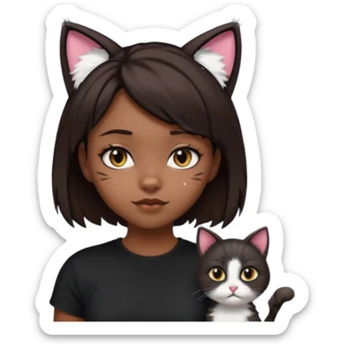 a girl with short dark brown hair with lots of dandruff , cat ears and a tail, with a black t-shirt on sticker