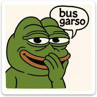 Edit the classic Pepe the Frog in 3D emoji style holding his hand over his mouth as if trying not to laugh, with a speech bubble above or beside him that says 'bus garso'. Keep the playful, classic Pepe look from the reference, remove the drink, and focus on Pepe's face and expression. Variant 1. sticker