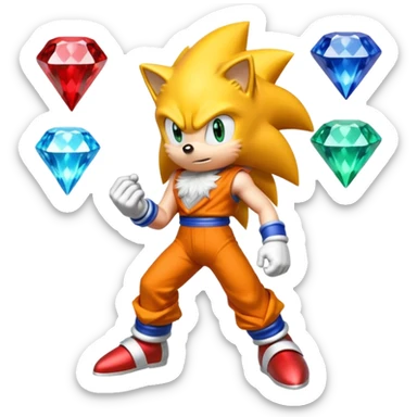 I want Sonic the hedgehog with the 7 chaos emeralds and the Goku aura transformation, where is the super Sonic aura Is a power 7 diamonds, red, blue, yellow, green, white, cyan and purplr sticker