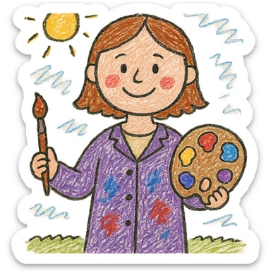 Serene female oil painter, Caucasian features, shoulder-length auburn hair, soft brown eyes, gentle smile, wearing a violet painter’s smock lightly stained with paint over a beige blouse, holding a wooden palette with vibrant colors in one hand and a brush in the other, waist-up, front-facing sticker