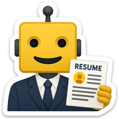 Make the recruiter robot emoji more masculine in a flat, Apple style. The robot should be smiling and holding a resume. The background should be transparent. sticker