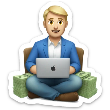 A Russian man is sitting at a macbook with a stack of money sticker