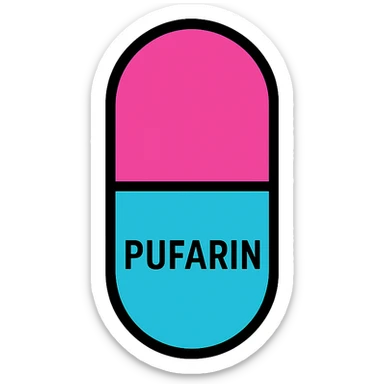 PUfarin depicted as a single capsule with a split color design, modern icon style sticker