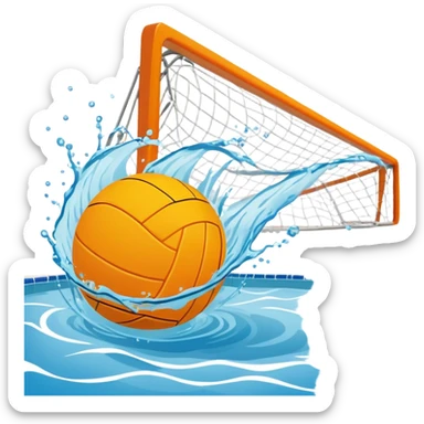 An icon showing a water polo ball floating on the surface of a pool, with a goal frame in the background, and water splashing around. The design captures the intensity of the game with visible ripples on the water. Transparent background highlights the excitement of water polo. sticker