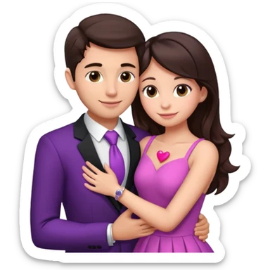 Brunette girl, with an engagement ring on her finger hugging a handsome man, (her boyfriend) both of them happy, she’s wearing a pink dress, he is wearing a black suit, he’s also a rich businessman, and there is the 💜 purple heart emoji on top. They look in love with each other.  sticker