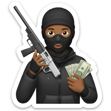 Create a black man wearing a ski mask while holding a gun in one hand and money in the other sticker
