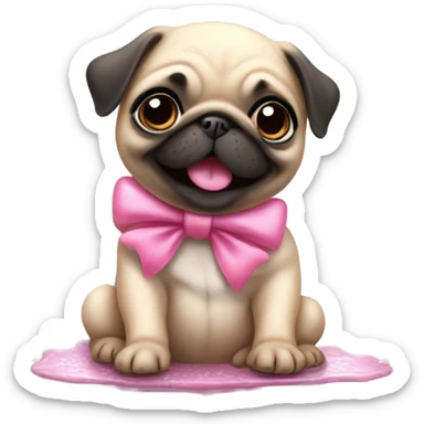 Baby pug with big pink
eyes wearing a pink bow above 1 ear sitting in a puddle   laughing  sticker
