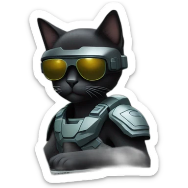 black cat with dark sunglasses typing on a Mac laptop inspiration Halo master chief, shown waist up sticker