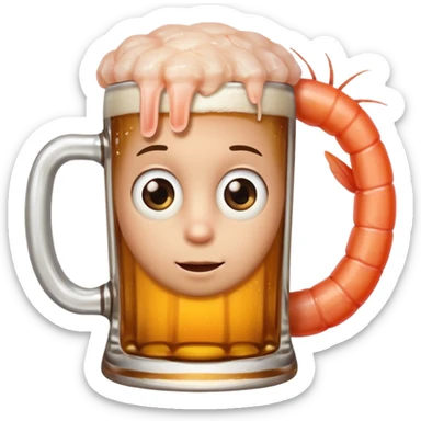 Genérame un camarón con su tarro en mano de cerveza moderna, asomándose por un costado con cara de curiosidad  sticker