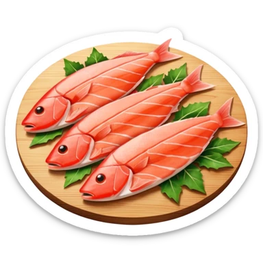 Draw raw fish fillets arranged on a wooden board with skin & flesh texture visible. sticker