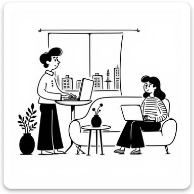 escenary 3d of a cozy mid-century living room with two people working on laptops, one man standing at a desk and one woman sitting on a couch sticker