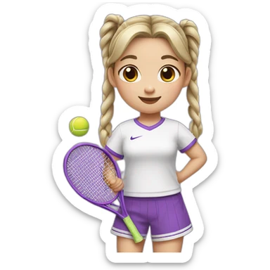 a little chinese girl wearing a white nike shirt with two pig tails hair style holding a purple tennis racket to her chest sticker