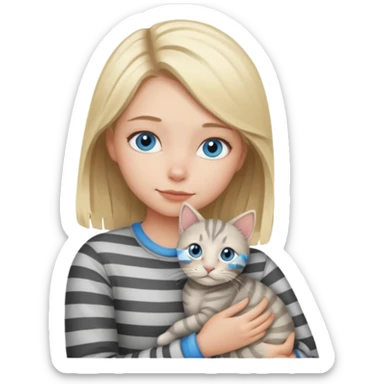 Blonde girl with blue eyes cuddling with light grey tabby cat with dark grey stripes sticker