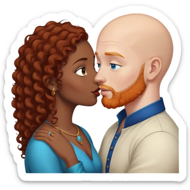 Bald white male with ginger beard and blue eyes kissing indian brown woman with black curly hair sticker