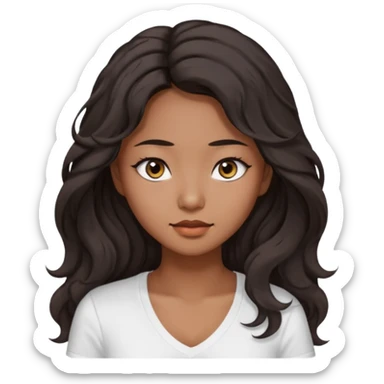 iOS style emoji. A girl with very long dark brown wavy hair. And the eyes color is dark brown. And she is wearing white t shirt with V kneck. And she is 30. She is Asian with double eyelids  sticker