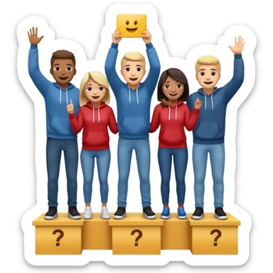 multi-racial men and women standing on a winners’ podium with the middle podium position elevated, each person casually dressed in fun clothing like jeans and hoodies, excited, fun emoji style sticker