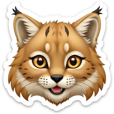 Cinematic-realistic cute-Lynx-Portrait-Emoji – Head tilted dramatically with an exaggeratedly amused expression, featuring a thick, tufted golden-brown coat with striking black ear tufts, wide, expressive amber eyes filled with playful disbelief. zoomed out to show fluffy fur sticker