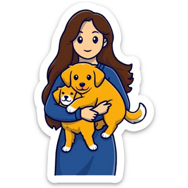 woman with long brown hair holding a golden retriever dog in her arms sticker