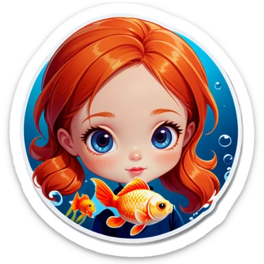 ginger girl with blue eyes next to a goldfish sticker