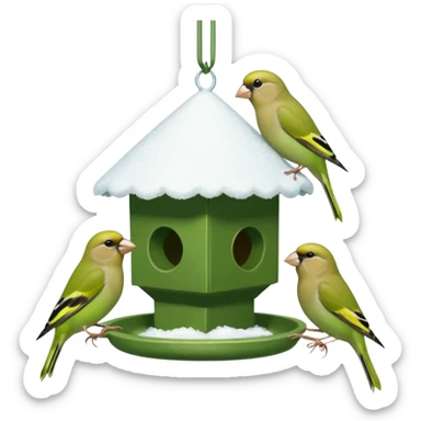  3 Green finch feeding on a bird feeder in the snow sticker